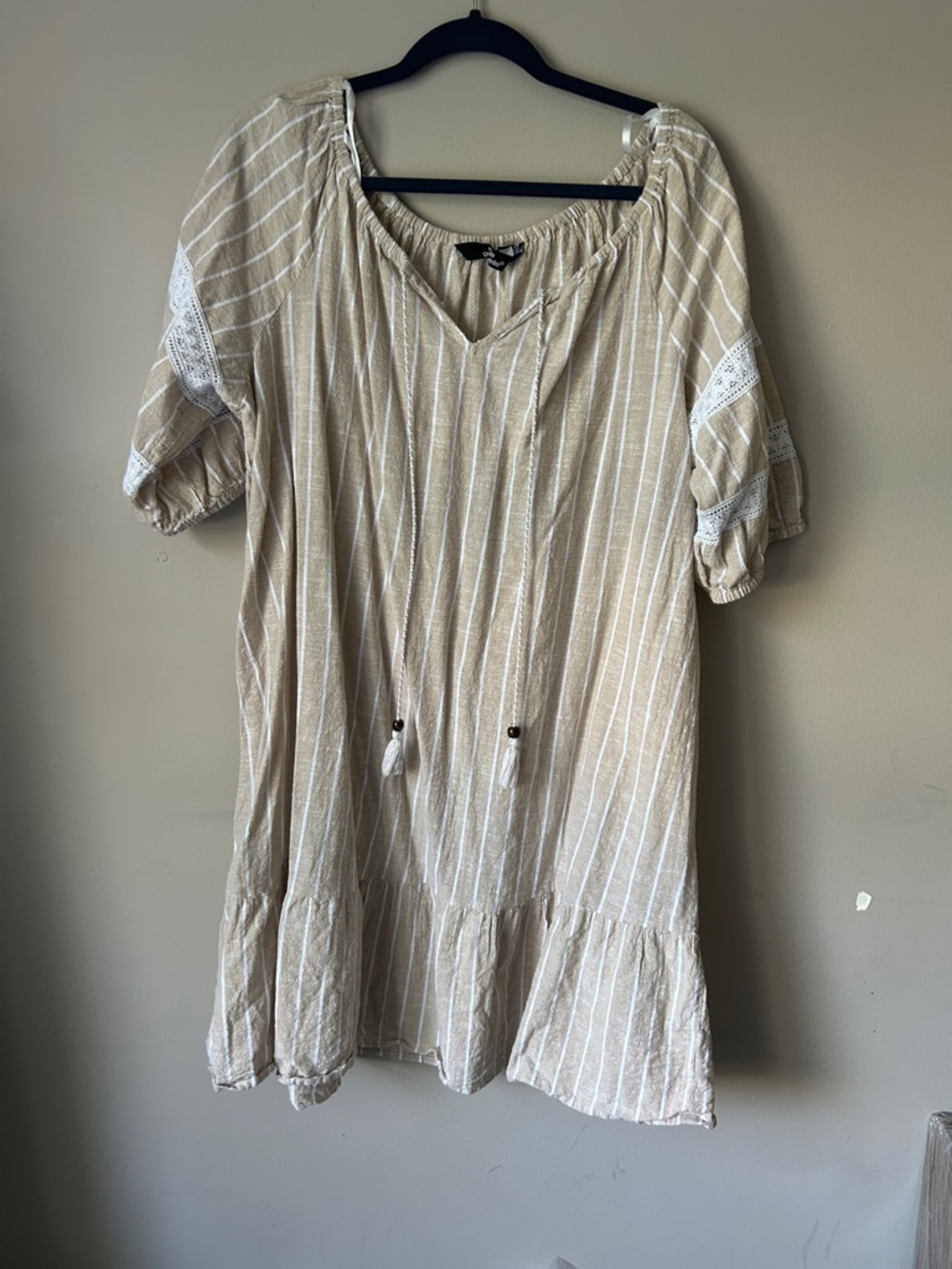 Mlle Gabrielle Beige and White Striped Peasant Tunic with Lace Accents